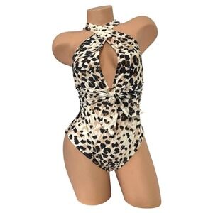 Aerie Womens Size MEDIUM Leopard Deep Plunge Halter Neck One Piece Swimsuit